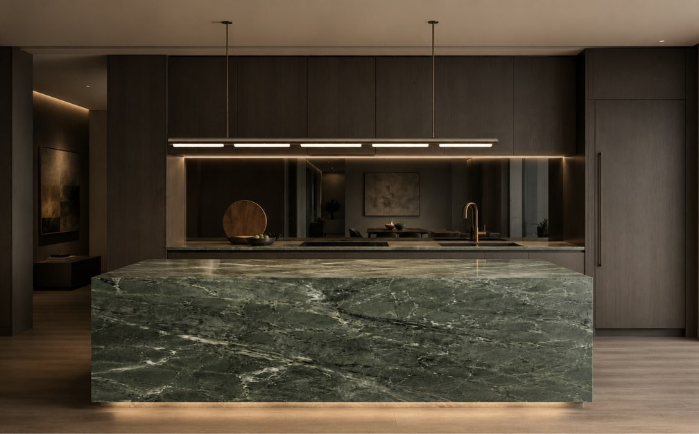 Chalk Linear Pendant rendered into a kitchen scene over a marble island