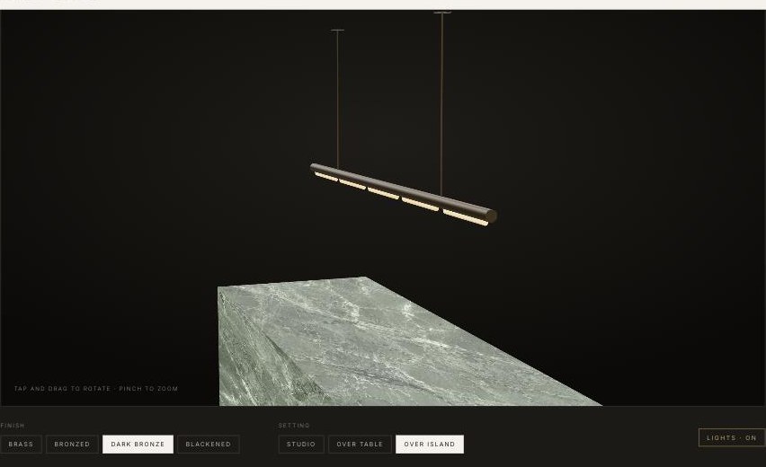 The live 3D viewer: rotate the Chalk pendant, switch finish and setting, toggle the lights